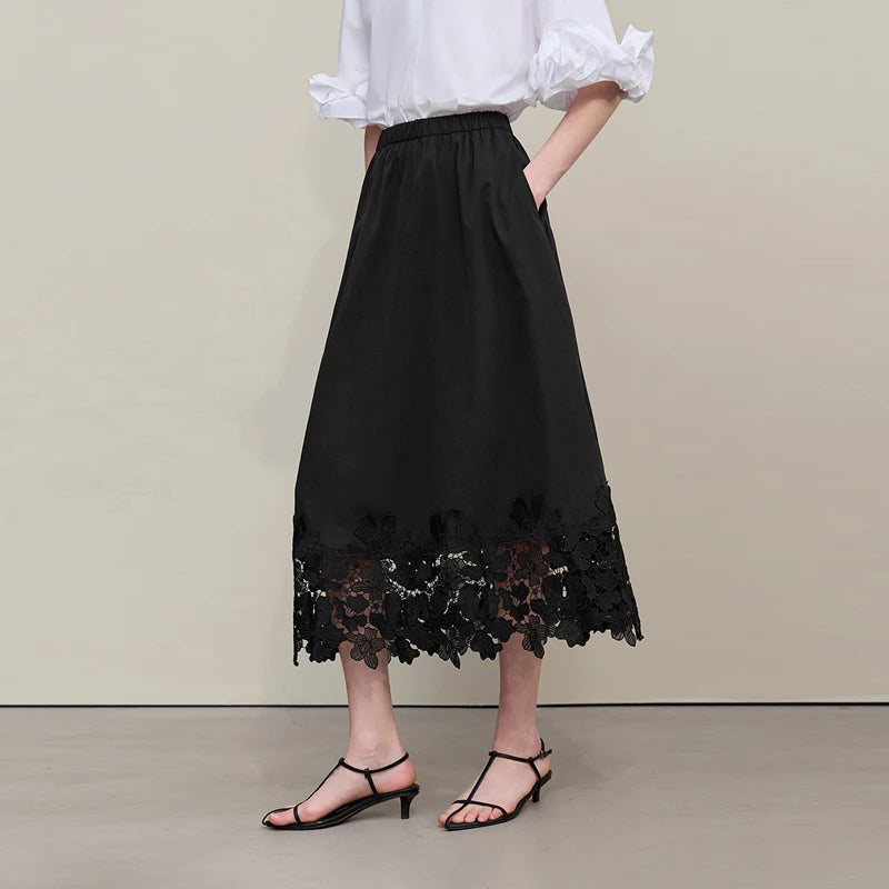 Amii Women's Skirt 2026 Summer New Elastic Waist Cutout Lace Hem Midi Casual Loose Fit Floral Trim Skirt For Women 12622106