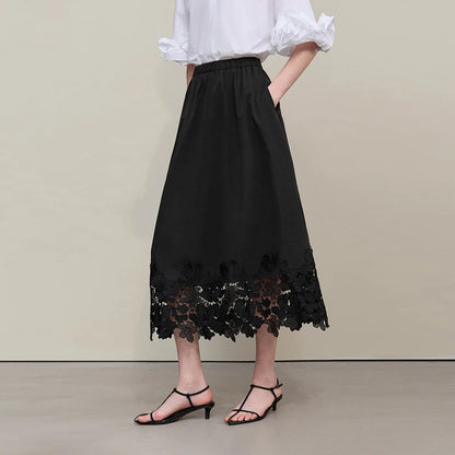 Amii Women's Skirt 2026 Summer New Elastic Waist Cutout Lace Hem Midi Casual Loose Fit Floral Trim Skirt For Women 12622106