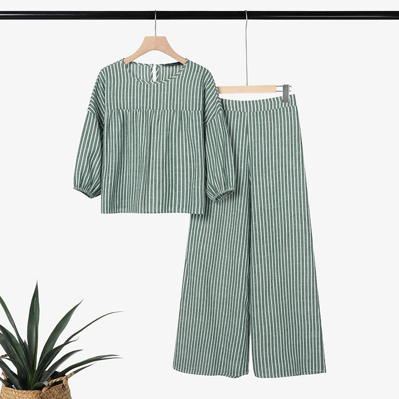 2026 ZANZEA Summer Pant Sets Women Striped Tracksuit 2 Piece Sets Short Sleeve Blouse Wide Leg Trousers Elegat OL Work Tracksuit