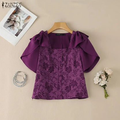 ZANZEA Woman Elegant Floral Jacquard Blouses Square Neck Petal Sleeves Bow Details Short Tops Summer Feminine Blusas de Mujer
