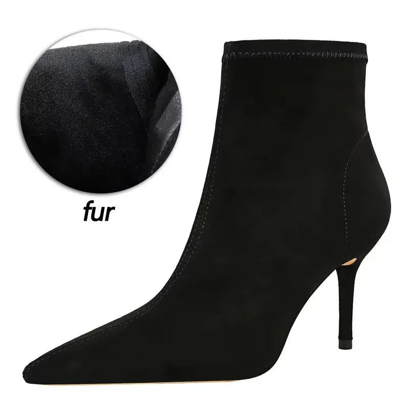 BIGTREE Shoes Leather Boots Women High-Heeled Boots Keep Warm Winter Boots Pointed Toe Stiletto High Heels Women Ankle Boots