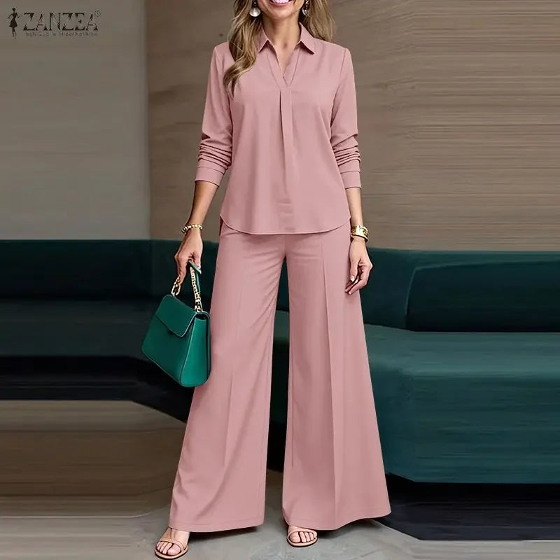 2026 ZANZEA Office Lady Pants Sets Women V Neck Long Sleeve Tops Wide Leg Trousers Suit 2026 Spring Solid Work Outfits Tracksuit