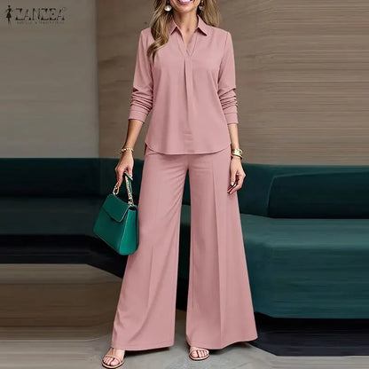 2026 ZANZEA Office Lady Pants Sets Women V Neck Long Sleeve Tops Wide Leg Trousers Suit 2026 Spring Solid Work Outfits Tracksuit