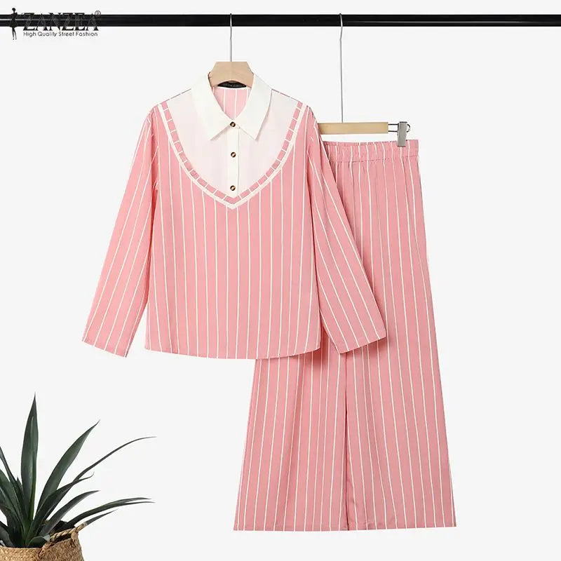 ZANZEA Women Muslim Sets 3/4 Sleeve Stripe Patchwork Turn Down Collar Blouse Elastic Waist Wide Leg Pants Office Wear 2 Pieces