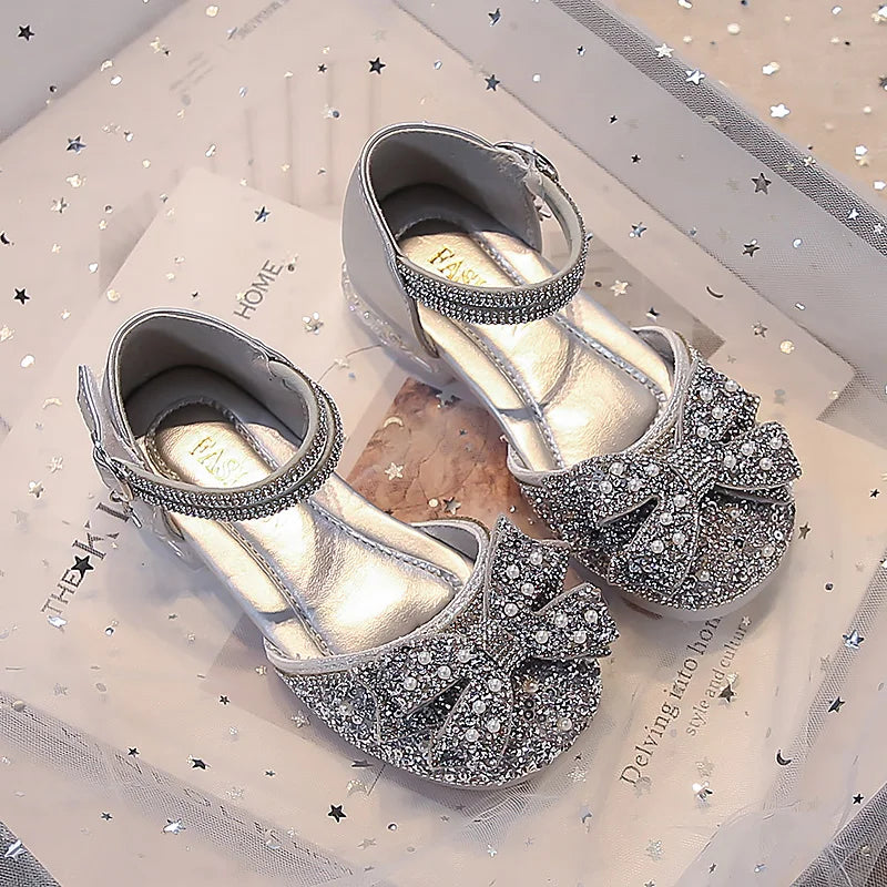 Kid's Sandals high Heels Pumps Rhinestone Bow Silver Party Breathable Shoes For Girl PU Leather Footwear for Kids Size 26-36
