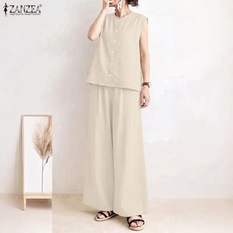 ZANZEA Summer Women 2 Pieces Sets Casual Solid Color OL Work Outfits O Neck Sleeveless Tanks Tops Pants Suit Loose Matching Sets
