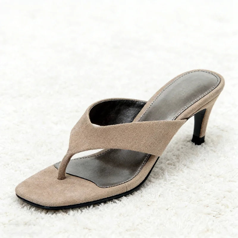 Luxury Designer Faux Suede Women's Slippers Sexy Round-Toe Flip-Flops Comfort Summer High-Heeled Sandals for Ladies Beach Shoes