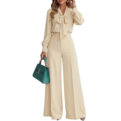ZANZEA Women Elegant Chic Matching Pant Sets Tie Neck Long Sleeve Blouses & Wide Leg Pants 2pcs Suits Office Commute Wear Outfit