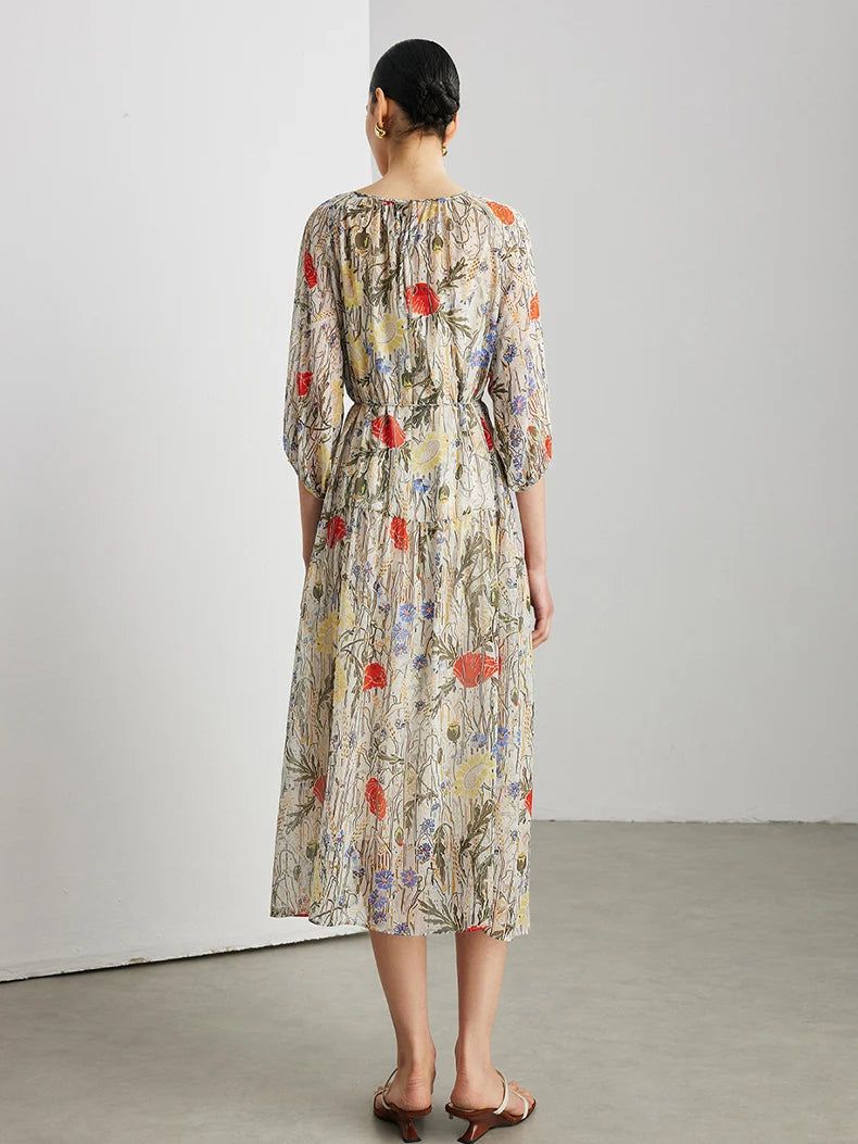 SuyaDream, Women's 100% Mulberry Silk Georgette Two-Piece Set Dress 2026 Summer New Floral Printed, Sheer Long Dress， Beige