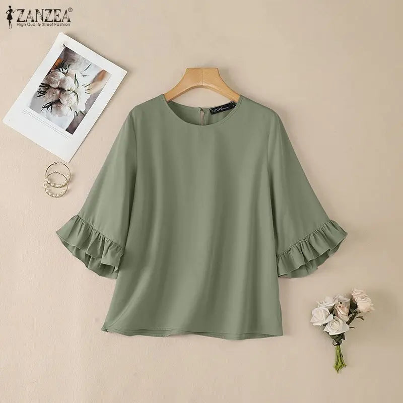 ZANZEA Women's Elegant Blouses 3/4 Flared Sleeve O-Neck Pullover Tops Summer Minimalist Casual Solid Color Blusas de Mujer
