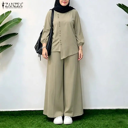 ZANZEA 2026 Summer Women Long Sleeve Irregular Blouse Wide Leg Pant Sets Muslim 2 Piece Sets Solid Color Work Outfits Tracksuit