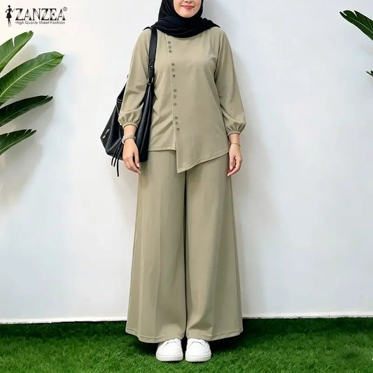 ZANZEA Women Muslim 2 Piece Sets 2026 Summer Wide Leg Pant Sets Long Sleeve Irregular Blouse Trousers Solid Color Work Outfits