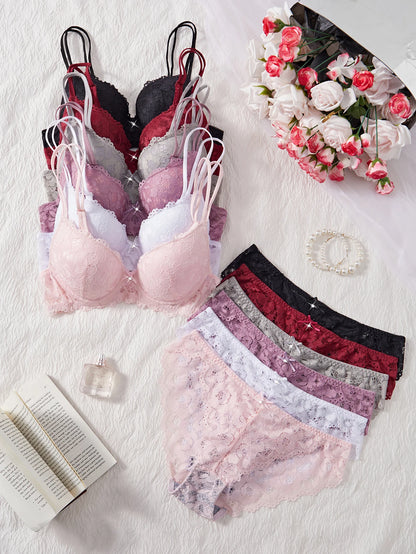 6-Piece Set Women's Underwear Set Sexy Patterned Lace Patchwork No Lining Comfortable Fitting Women's Push-Up Bra Sexy Lingerie
