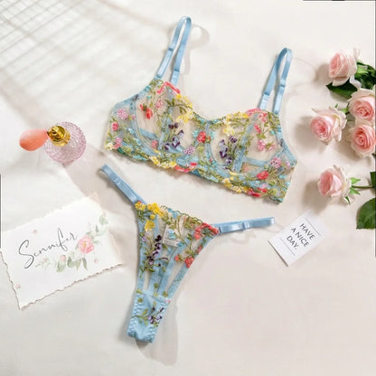 2-Piece Fashion Floral Lingerie Set Embroidery Sheer Underwear Intimates Underwire Push-up Versatile Bra Panty Set For Lady Girl