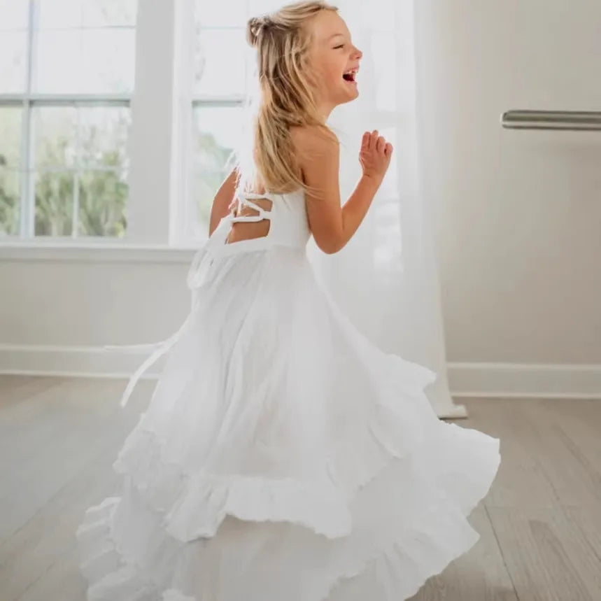 2026 Nordic Girls Spring Summer Cotton Linen Backless Bohemian Lace Mid Length Children Vest Dress