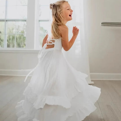 2026 Nordic Girls Spring Summer Cotton Linen Backless Bohemian Lace Mid Length Children Vest Dress
