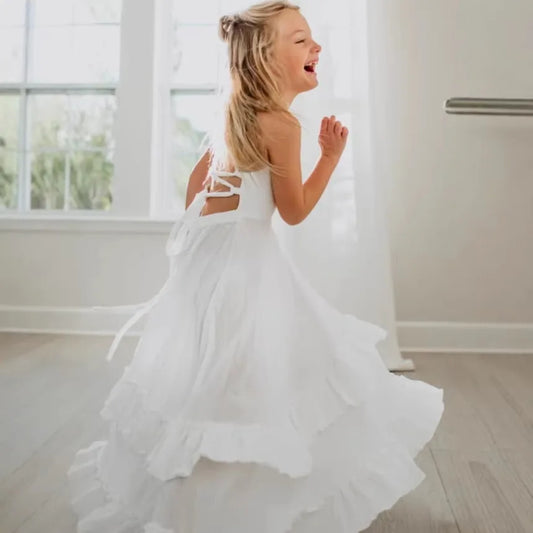2026 Nordic Girls Spring Summer Cotton Linen Backless Bohemian Lace Mid Length Children Vest Dress