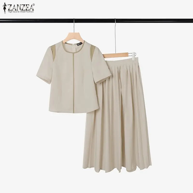 Elegant Summer OL Work Dress Sets 2026 ZANZEA Office Women 2 Piece Sets Short Sleeve Blouse Pleated Skirt Suit Patchwork Outfits