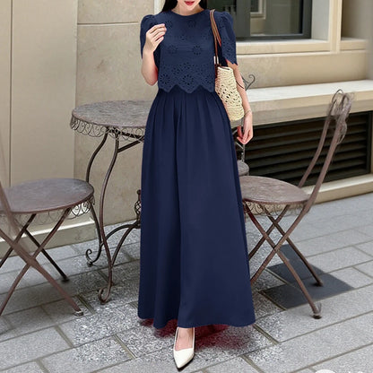 ZANZEA Women's Summer Casual Skirt Suits Openwork Embroidered Short Sleeve Tops and A-Line Long Skirts 2 Pieces Sets Outfits 3XL