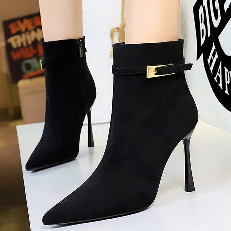 Fashion Sexy High-Heeled Boots Women Shoes Belt Buckle Side Zipper Ladies Ankle Boots Pointed Suede Women Boots Stilettos 9 cm