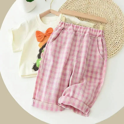 Girls' Thin Cotton Checkered Summer Pants Breathable Outdoor Straight Leg Wide Leg Mosquito Repellent Pants
