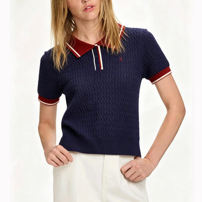 CH Solid Color Embroidered Knit Polo Shirt Women Elegant Short Sleeve Ribbed Trim Office Casual Tops