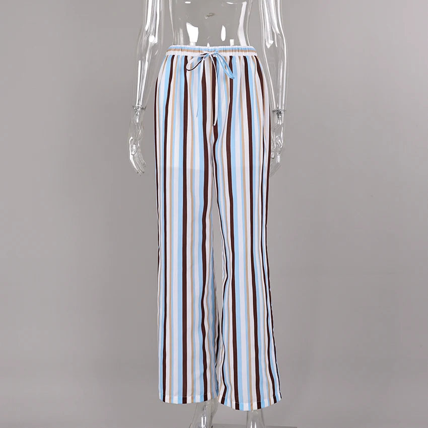 Linad Vintage Loose Stripe Drawstring Trousers Street Chic Long Pants For Woman 2026 Casual Print Wide Leg Pants With Pockets