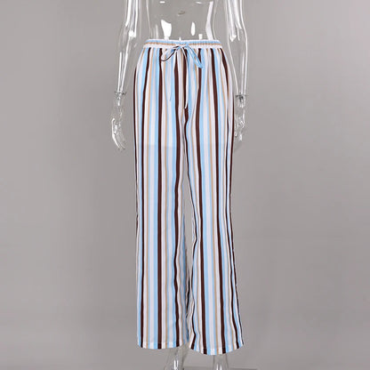 Linad Vintage Loose Stripe Drawstring Trousers Street Chic Long Pants For Woman 2026 Casual Print Wide Leg Pants With Pockets