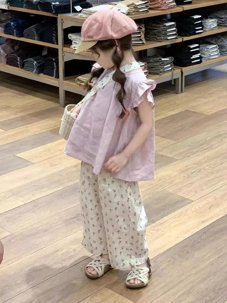 Girls Kids Puff Sleeve Top Wide Leg Pants Set 2026 New Fashion Sleeveless Babydoll Blouse 2 Piece Outfit for Summer