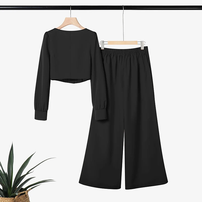 ZANZEA Fashion Autumn Outfits Street Women 2 Pieces Sets Square Neck Long Sleeve Crop Top & Wide Leg Pant Suit Work Matching Set