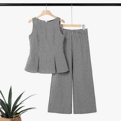 ZANZEA 2026 Women Gingham Check 2-Piece Matching Sets O-Neck Tank Tops & Wide Leg Pants Suits Summer Casual Streetwear Co-ords