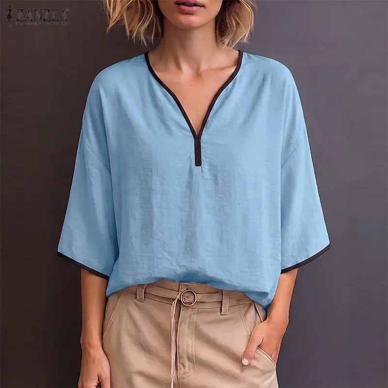 ZANZEA Woman Casual Blouses Contrast-Trim V-Neck 3/4 Sleeve Loose Tunic Tops Autumn 2026 Minimalist Daily Wear Blusas Mujer