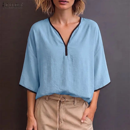 ZANZEA Woman Casual Blouses Contrast-Trim V-Neck 3/4 Sleeve Loose Tunic Tops Autumn 2026 Minimalist Daily Wear Blusas Mujer