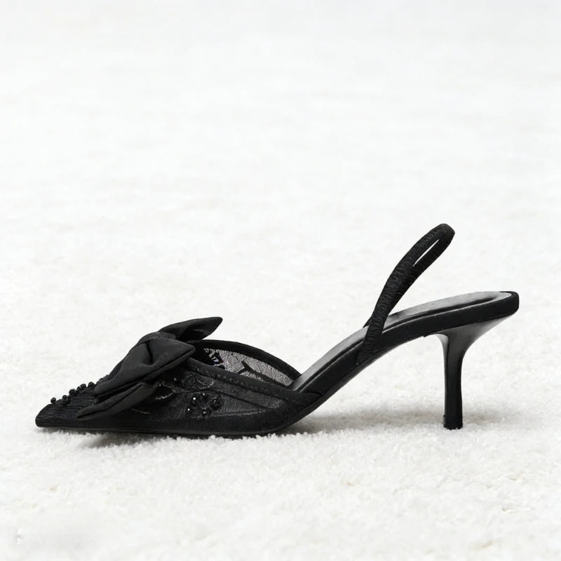 Black Mesh Beaded Decoration Heeled Sandals Women Sexy Pointed Toe Slingbacks Thin High Heels Elegant Bow Designer Women Pumps