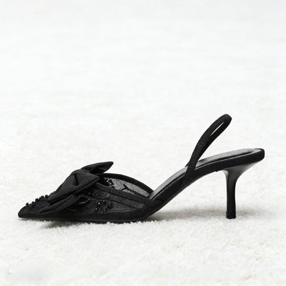Black Mesh Beaded Decoration Heeled Sandals Women Sexy Pointed Toe Slingbacks Thin High Heels Elegant Bow Designer Women Pumps