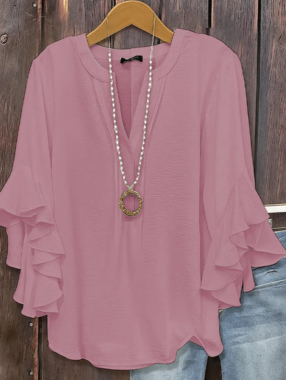 Women V Neck Ruffle Sleeve Loose Chiffon Blouse Casual Summer Top Elegant Office Lady Business Work Shirt Fashion Tunic