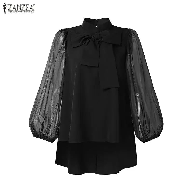 ZANZEA Women High-Low Blouses Summer Elegant Stand Collar Mesh Lantern Sleeves Solid Color Tops Day to Night Blusas de Mujer