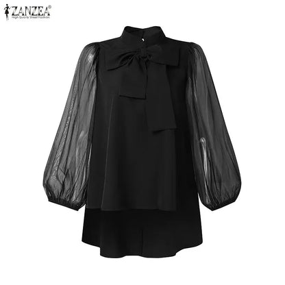 ZANZEA Women High-Low Blouses Summer Elegant Stand Collar Mesh Lantern Sleeves Solid Color Tops Day to Night Blusas de Mujer
