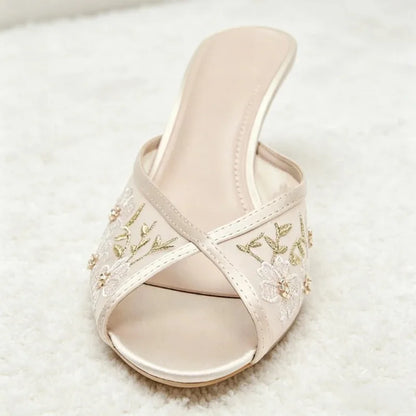 Hand Embroidered Floral Detail Mesh Women's Slippers Sexy Peep-toe Heeled Sandals for Ladies Summer Street Style Designer Heels