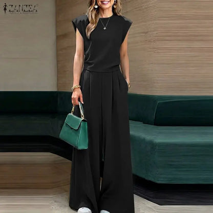 ZANZEA Fashion Casual O Neck Short Sleeve Blouse Pant Sets Summer Women Outfits Trousers Suit Solid Color Tracksuit Matching Set