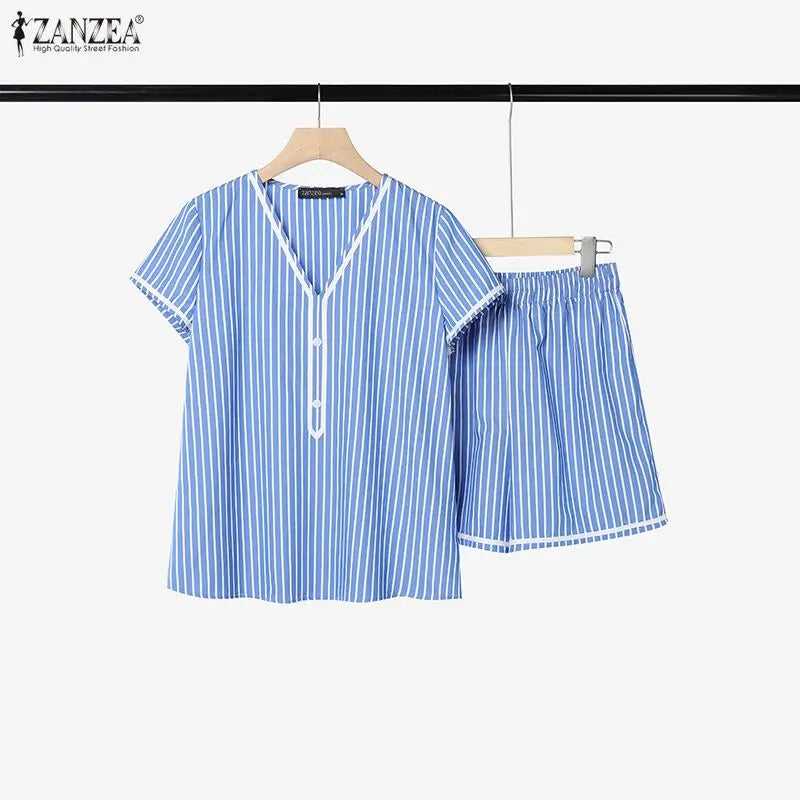 ZANZEA Women Casual Striped Short Suits Short Sleeve V-Neck Blouse & Elastic Waist Shorts 2 Pieces Sets Summer Loose Outfits