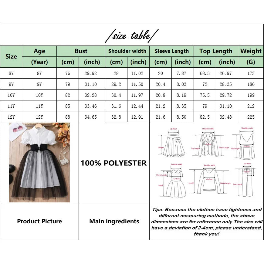 8-12 Yrs Girl Dress Summer Black and White Short Sleeve Children Dresses Simple Fashion Teen Girl Clothes Party Big KIds Outfit