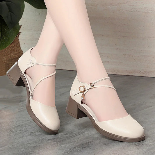 2025 New Sandals Women's Mid-Heel Soft Leather Shoes Thick Heel Summer One-Button Hollow Comfortable And Elegant Mother's Shoes