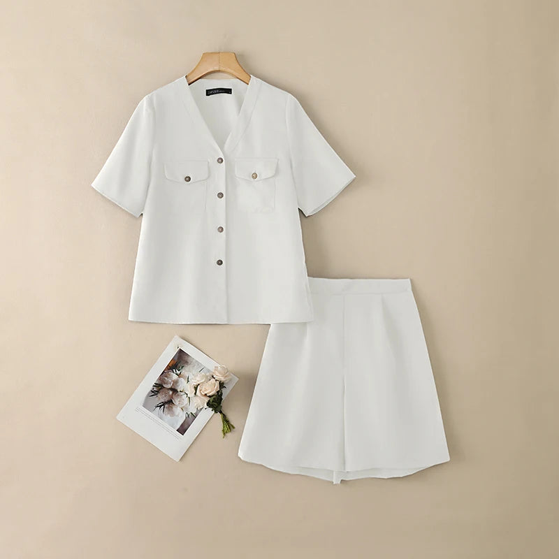 ZANZEA Summer 2 Pieces Sets Holiday Outfit Fashion Women Short Sets V Neck Short Sleeve Blouse Short Suit Solid Casual Tracksuit