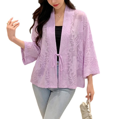 ZANZEA Woman Textured Floral Clip-Dot Cardigans V-Neck Long Sleeves Lace-Up Open Front Kimonos Summer Vacation Beach Cover-Up