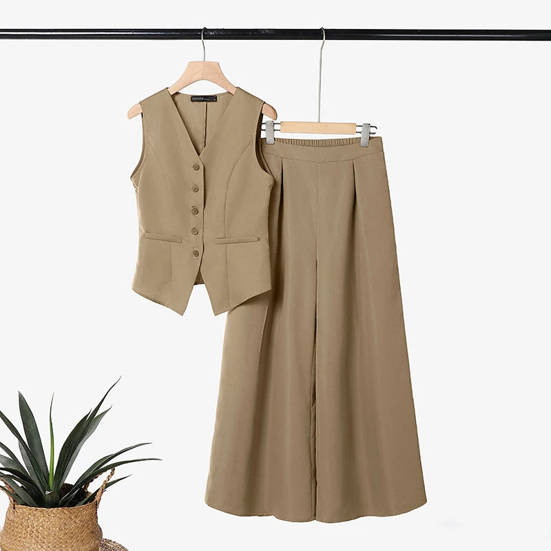 ZANZEA Women Minimalist Elegant 2 Piece Pant Sets Summer Old Money Vest & Wide Leg Pant Suits Office Commute 2pcs Sets Outfits