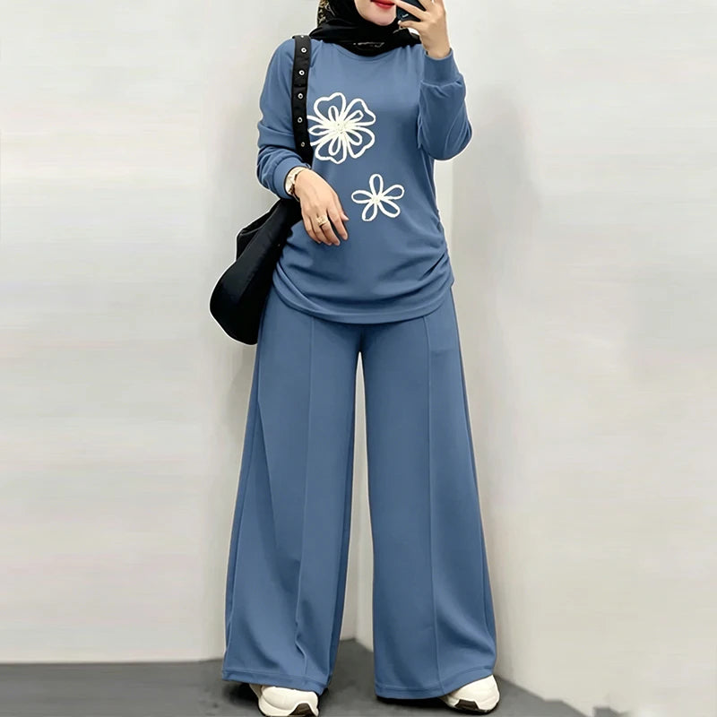 Women Muslim 2 Piece Sets Ramadan Outfits 2026 ZANZEA Casual O Neck Long Sleeve Flowers Tops Pant Sets Dubai Hijab Traccksuit