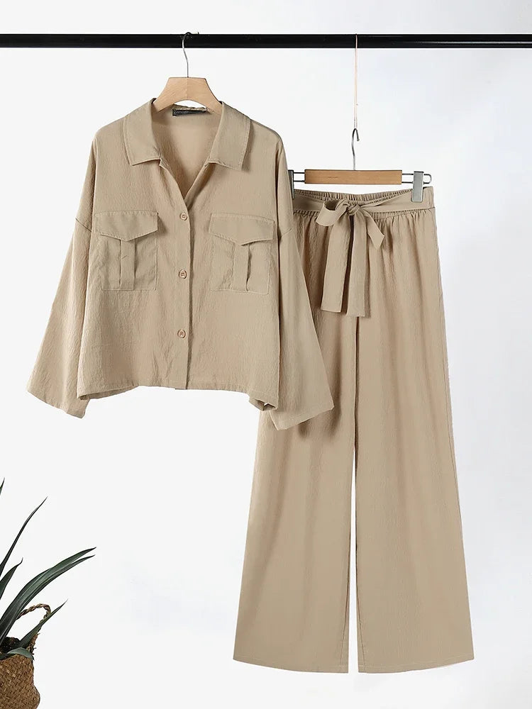 2025 ZANZEA 2-Piece Pant Sets for Woman Outfits, Long Sleeve Shirts and Tied-Waist Wide Leg Pants, Casual Loose Suits Workwear