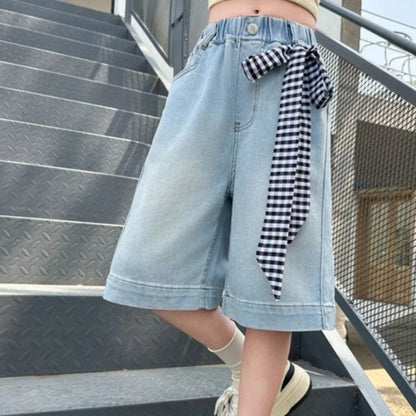 Lightweight Girls' Denim Crop Shorts 2026 Summer Loose Design with Lace Trim Kids' Cotton Blend Shorts