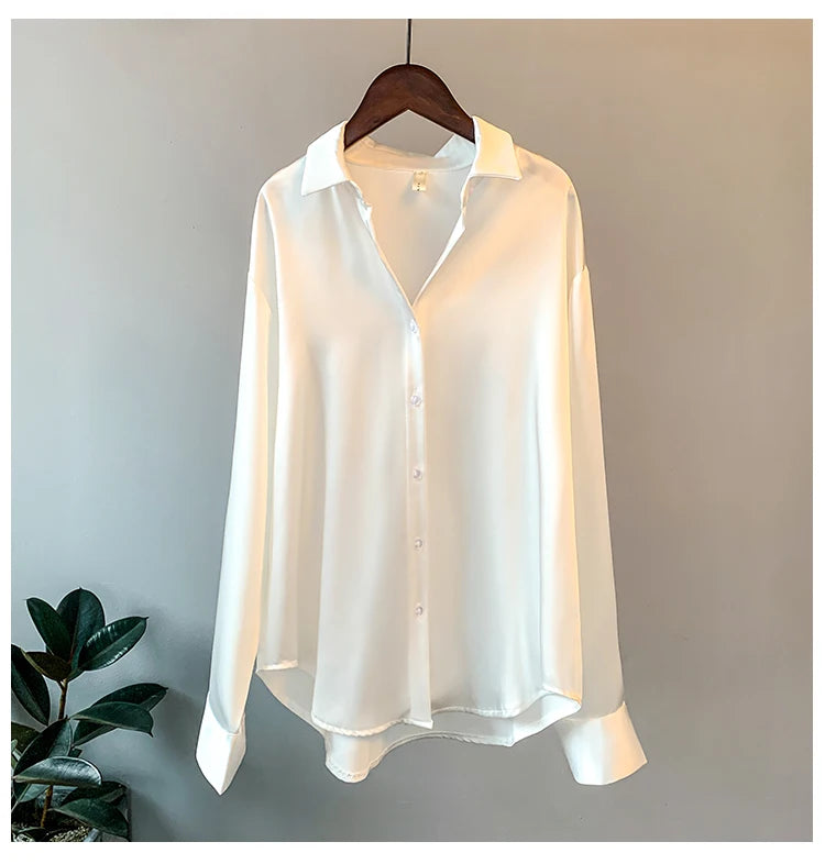 Gadinus Women Solid Color Long Sleeve Button Up Shirt Loose Fit Curved Hem Casual Blouse Top